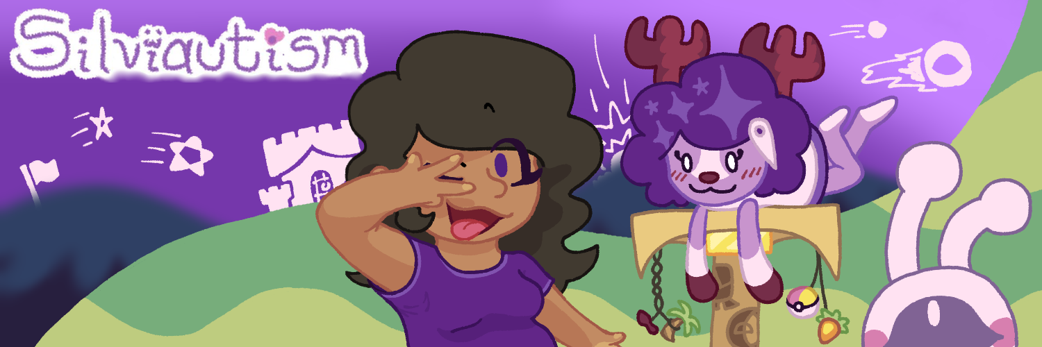 a banner-like illustration of silviautism (the person who's conlang you're looking at right now), as well as a plush of a purple deer on a cat tower and a selsian
